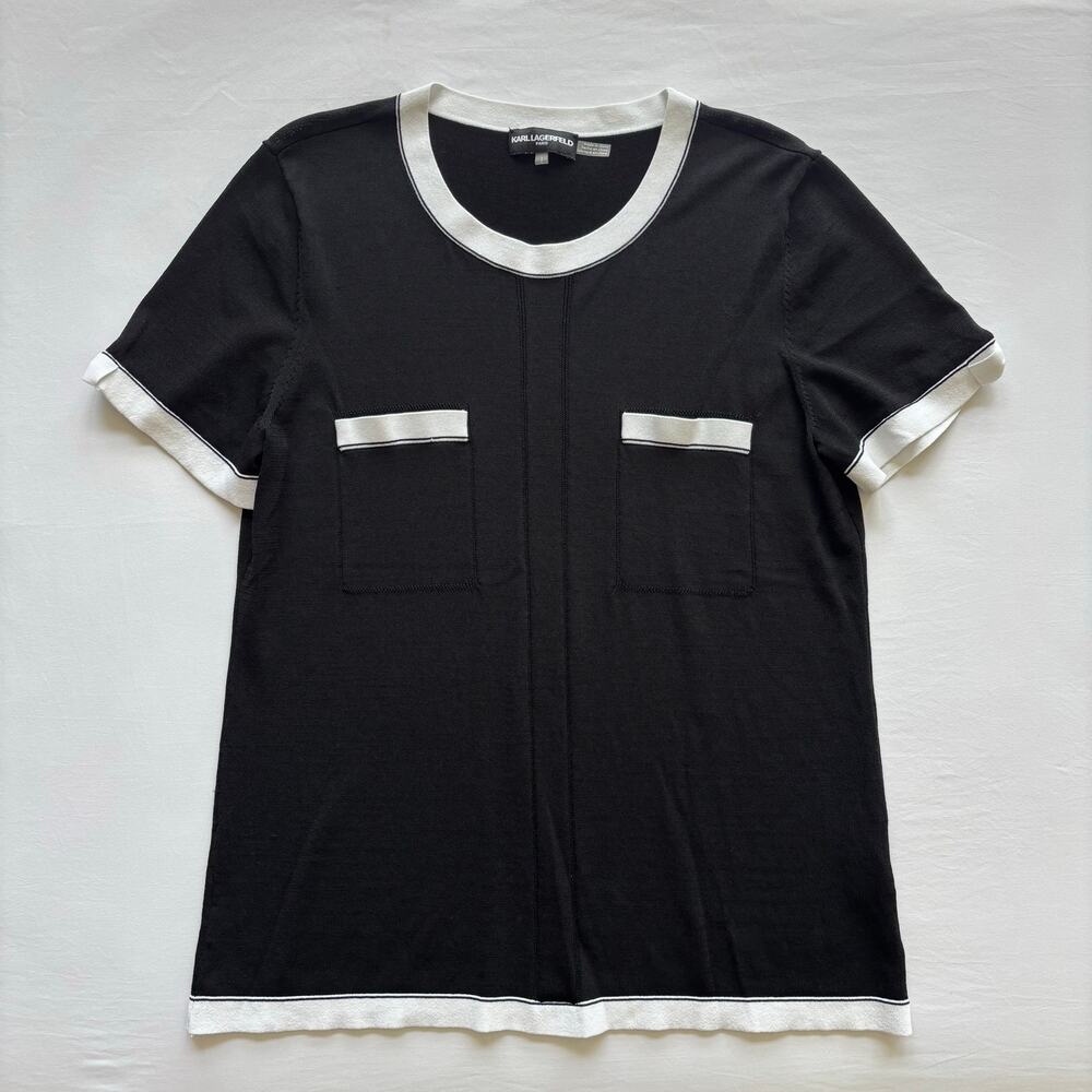 Karl Lagerfeld Black and White Contrast Trim Short-Sleeve Knit Top